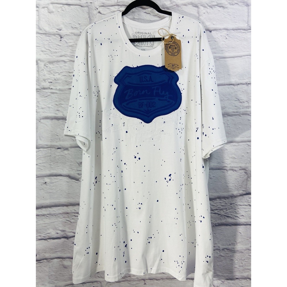 Born Fly T-Shirt Men's 5XL White Blue Embroidered Logo Patches 100% Cotton NWT